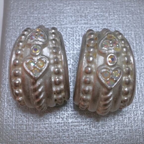 Vintage Sterling Silver Half Hoop Earrings Twisted Rope Heart Crystal Accents - Picture 13 of 15